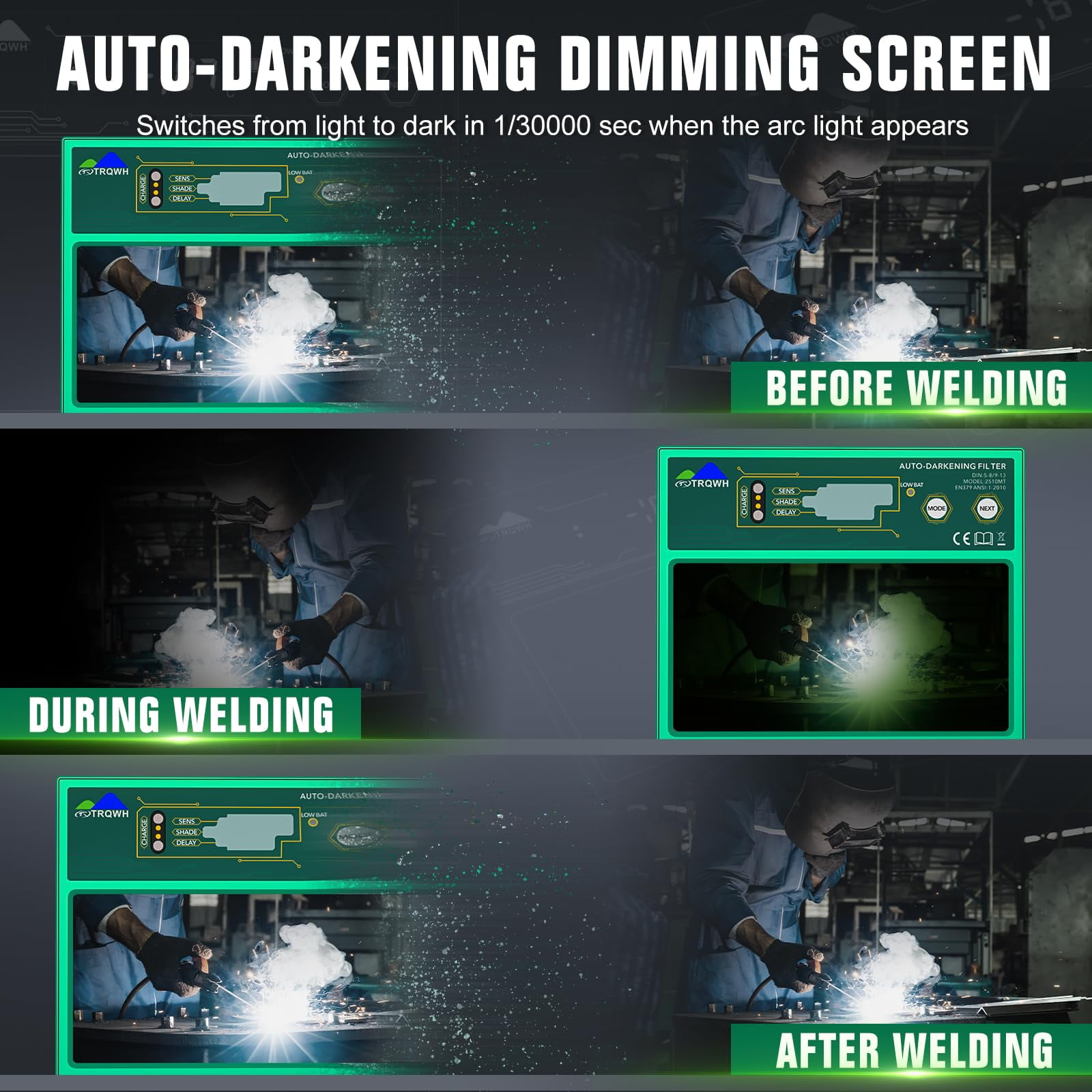TRQWH Auto Darkening HD Digital Display Welding Lens 4.33x3.54in True Color Technology Welding Helmet Lens Adjustable Shade Range 4/5-13 Automatic Metal Welding Lens for Welding Hood Parts, Green