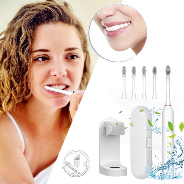 LSLJS Sound Wave Rechargeable Electric Toothbrush for Adults and Kids,Travel Wave Toothbrush with 4 Brush Heads, Travel Case,Bracket,6 Modes PowerToothbrush, Electric Toothbrush