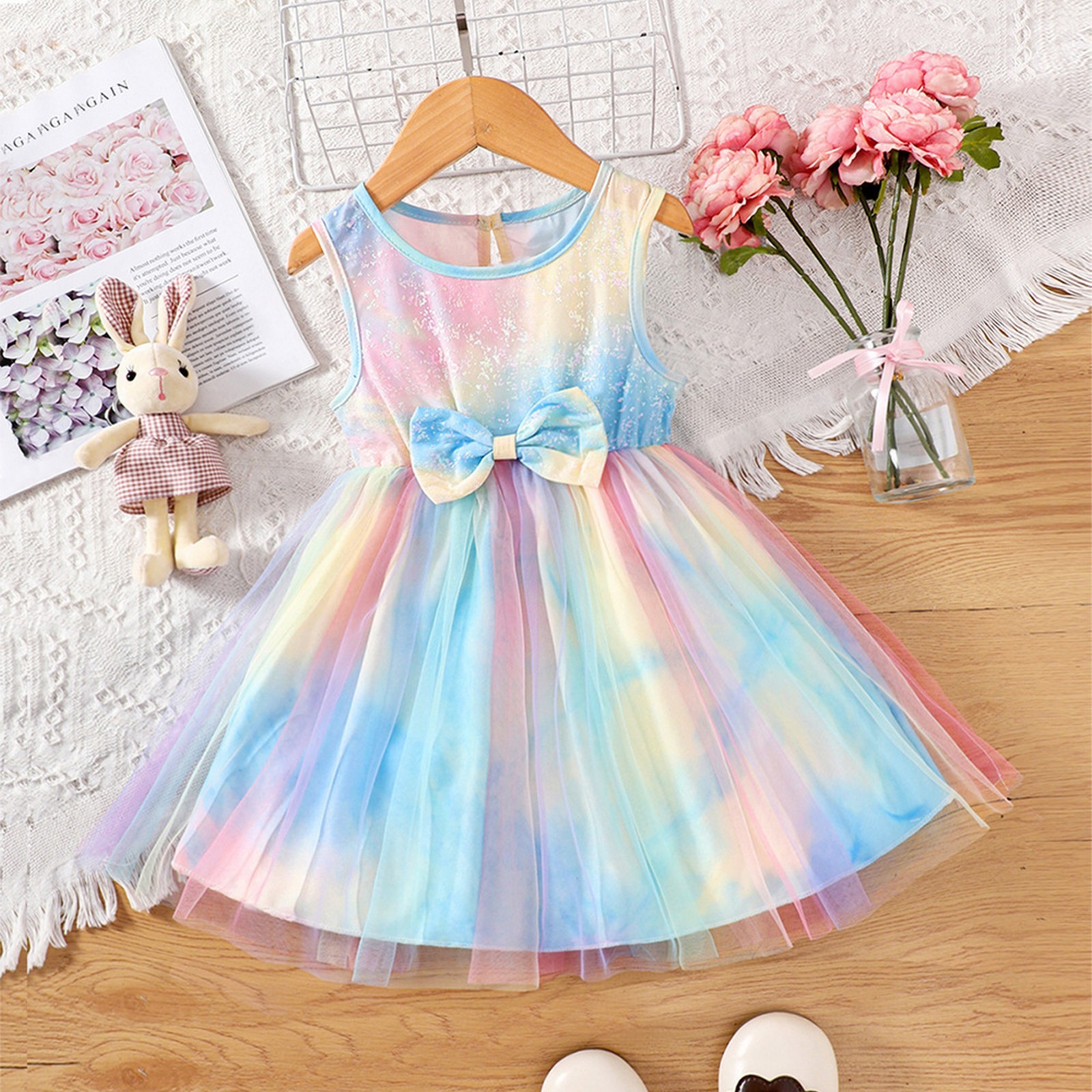 NIUREDLTD Colorful Sleeveless Princess Tulle Dress Kids' Sleeveless Rainbow  Tulle Dress 110 