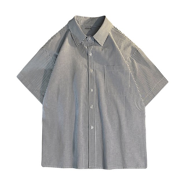 Manga Corta Cardigan Raya Impresión Botón Solapa Blusa Casual, Camisas de Manga Corta para Hombre