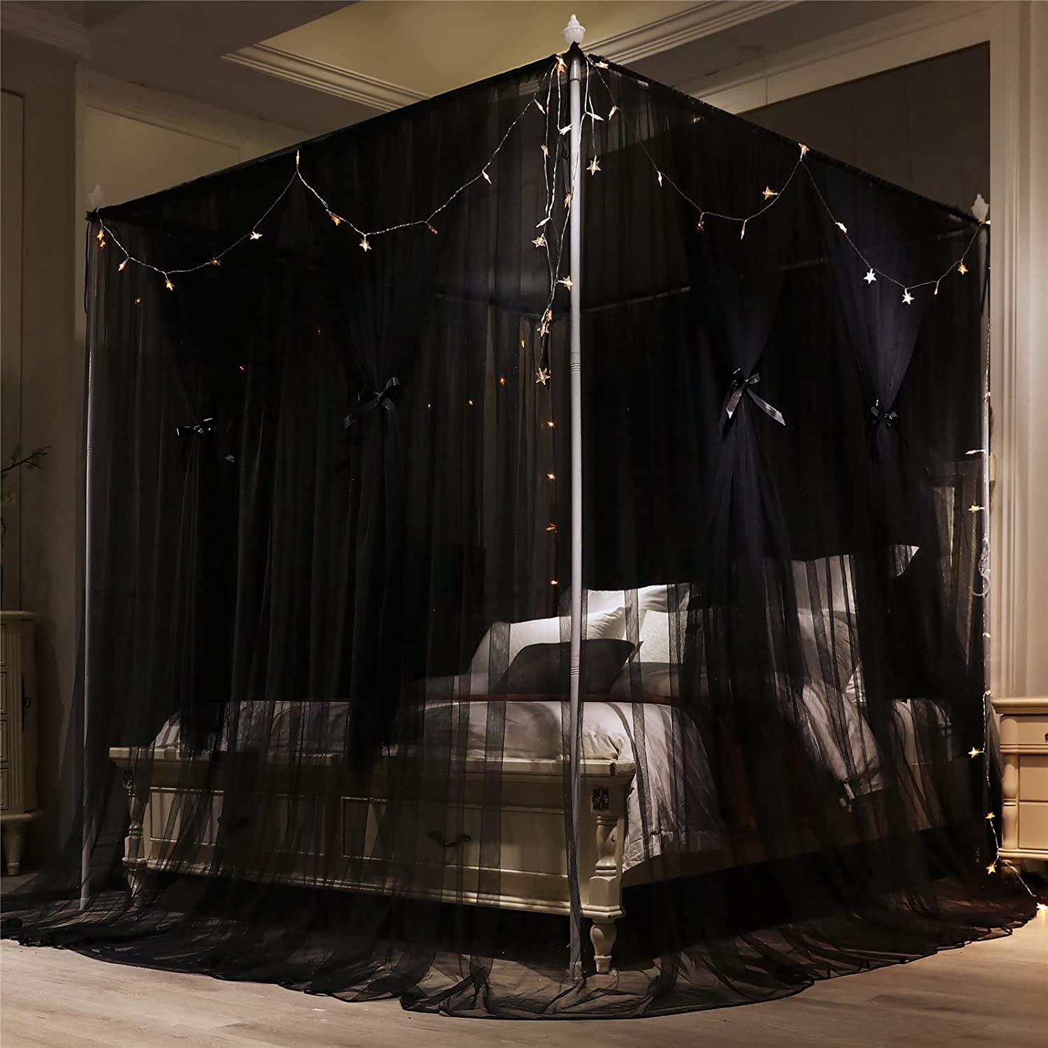 4 Corners Post Princess Bed Canopy Curtain Double Layer Cozy Drape Netting 4 Opening Mosquito Net for Girls & Adults Bedroom Decoration Accessories (Double Black, 59" W*82" L*82"*H/(Queen))