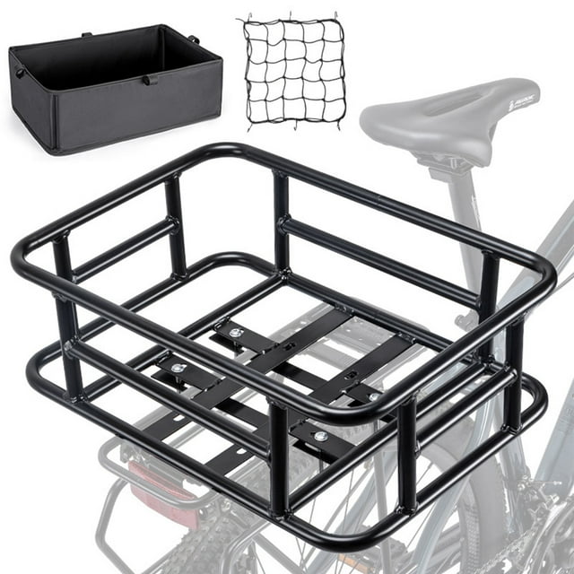 Metal Rear Bike Basket with Liner and Cargo Net,Large Capacity Rear Bicycle Rack Basket,for Bike Bicycle Ebike Electric Bike