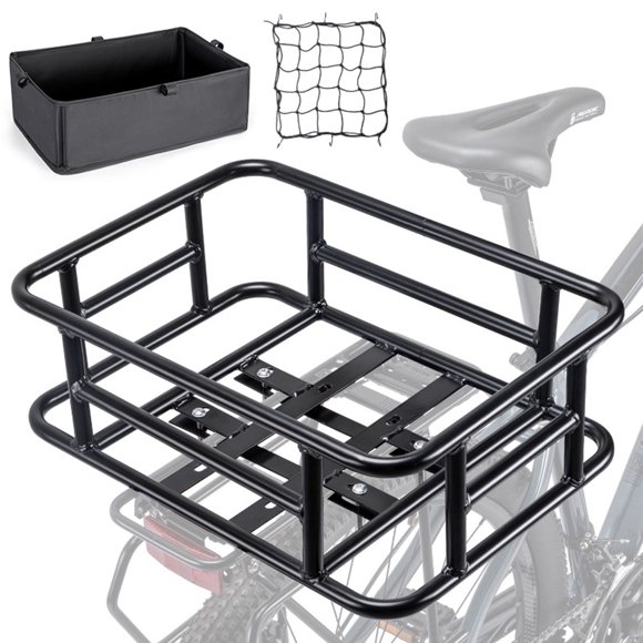 Metal Rear Bike Basket with Liner and Cargo Net,Large Capacity Rear Bicycle Rack Basket,for Bike Bicycle Ebike Electric Bike