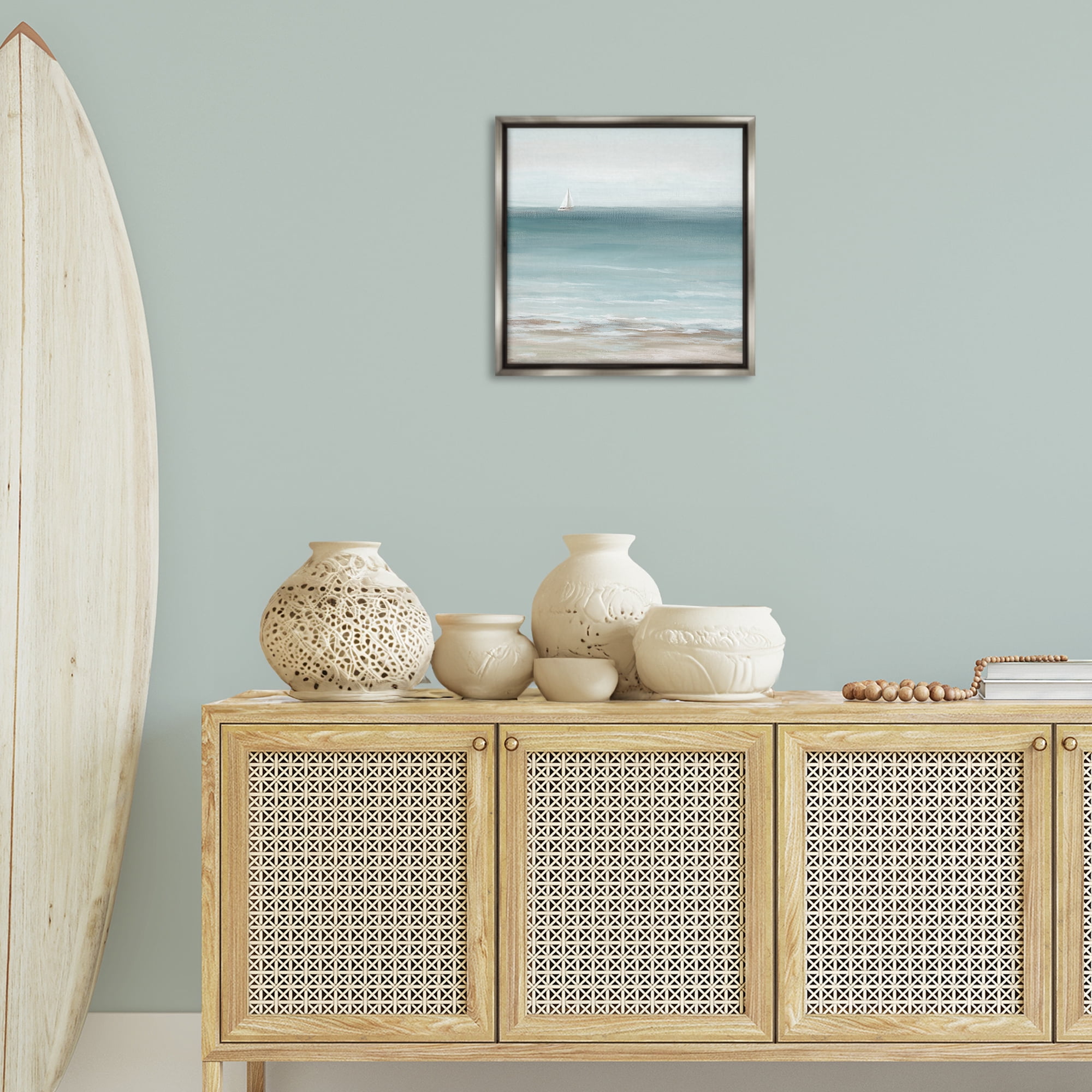 Stupell Industries Faraway Boat on Ocean Nautical & Beach Painting Gray Floater Framed Canvas Art Print Wall Art, 18 x 18