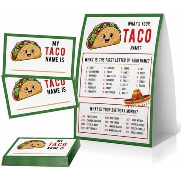 What's Your Taco Name Game, Cinco de Mayo Party Activity, Mexican Fiesta Family Game, (1 Sign  30 Name Tags), Taco Birthday Party Decorations-MAYNAME04$$Home Decor, Kitchen, & Other