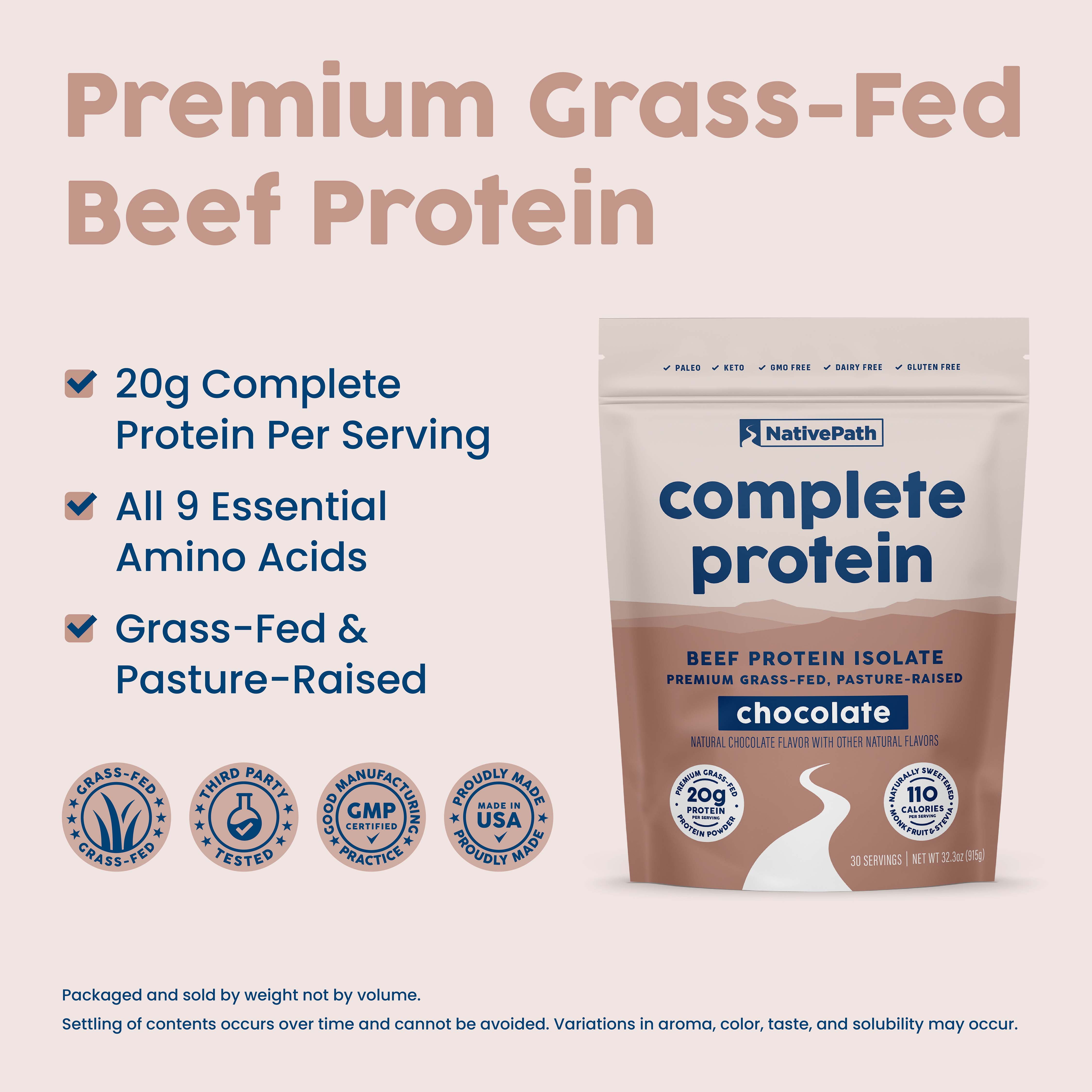 NativePath Beef Protein Powder Chocolate, 20g Grass-Fed Isolate, Dairy-Free Keto, 30 Servings