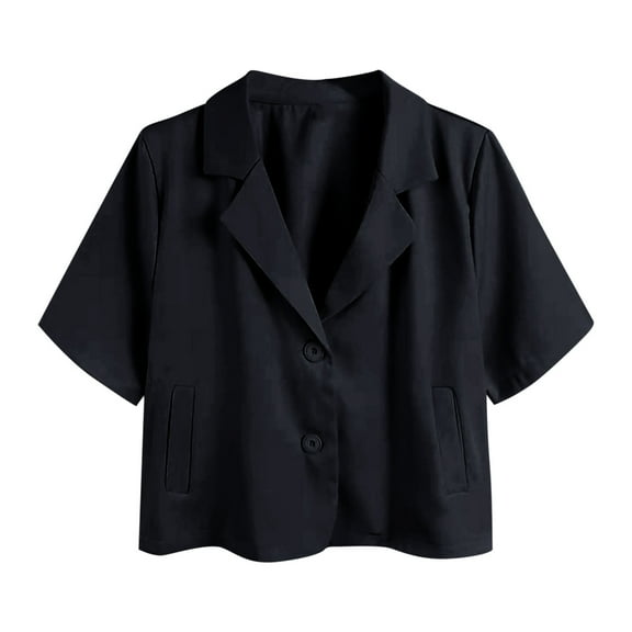 Women Work Office Blazer Jacket Lapel V Neck Button Cropped Shirt Suit Short Sleeve Blouses 2025 Trendy Clothes