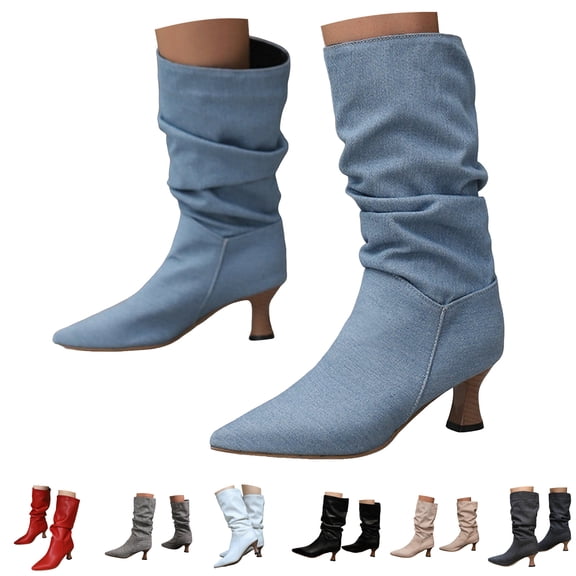 Pandaie Women's Slouchy Ankle Boots Pointed Toe Block Mid Heeled Dress Booties Wide Calf Pull on Sexy Fall Boots Red 5.5