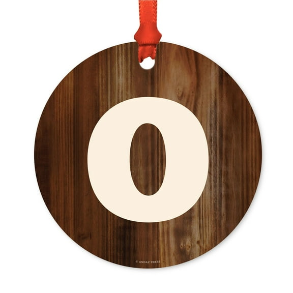 Metal Christmas Ornament, Monogram Letter O, Rustic Wood, Includes Ribbon and Gift Bag