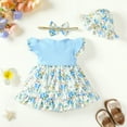 thumbnail image 3 of OLLUISNEO Infant Baby Girls Clothes 18-24 Months Girls Dress Toddler Girls Flying Sleeve Dress Summer Floral Dress Headband Hat 3pcs Set, Blue, 3 of 9