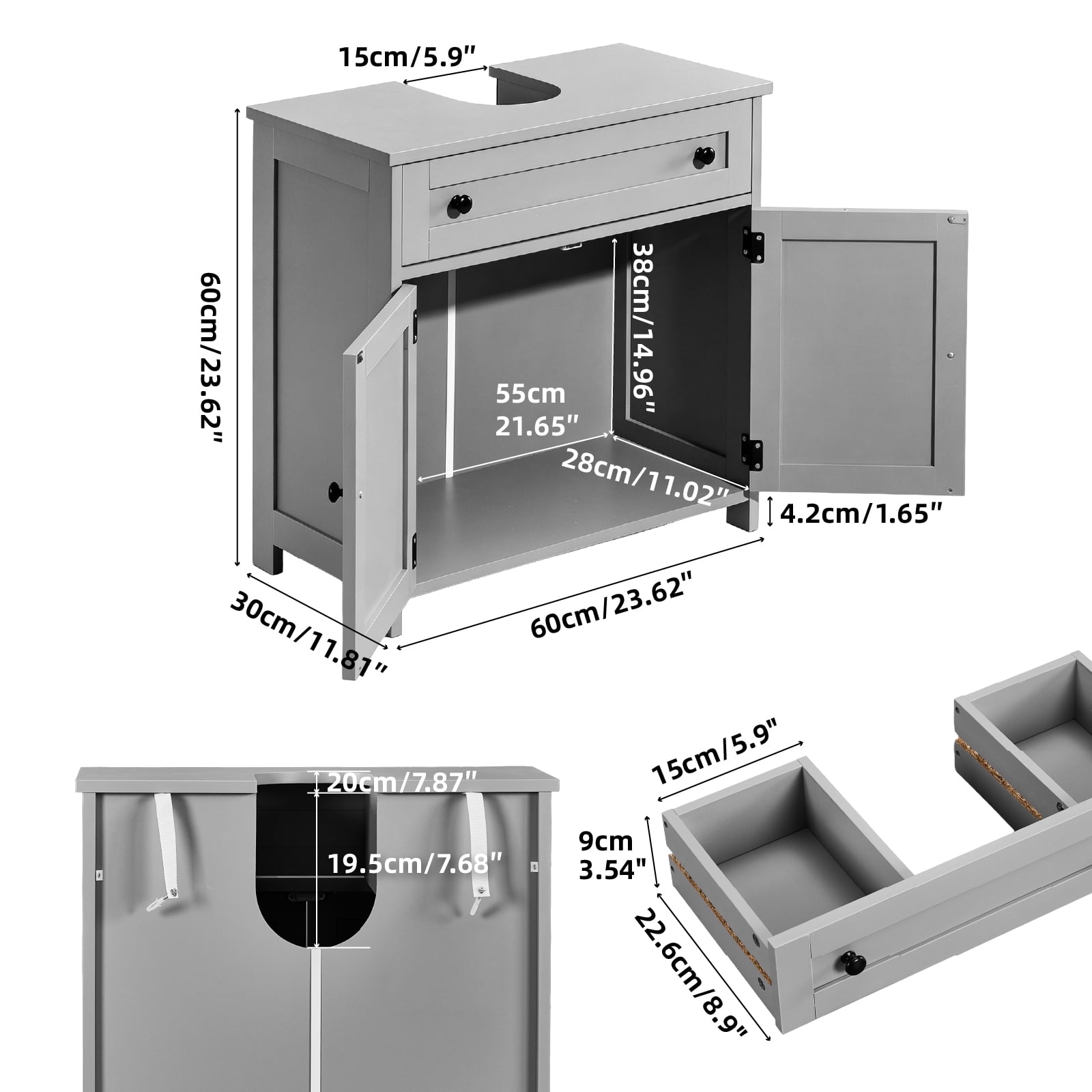 1-Drawer 2-Door Bathroom Vanity Bathroom Cabinet Washbasin Not Included, Grey 23.62*11.81*23.62in
