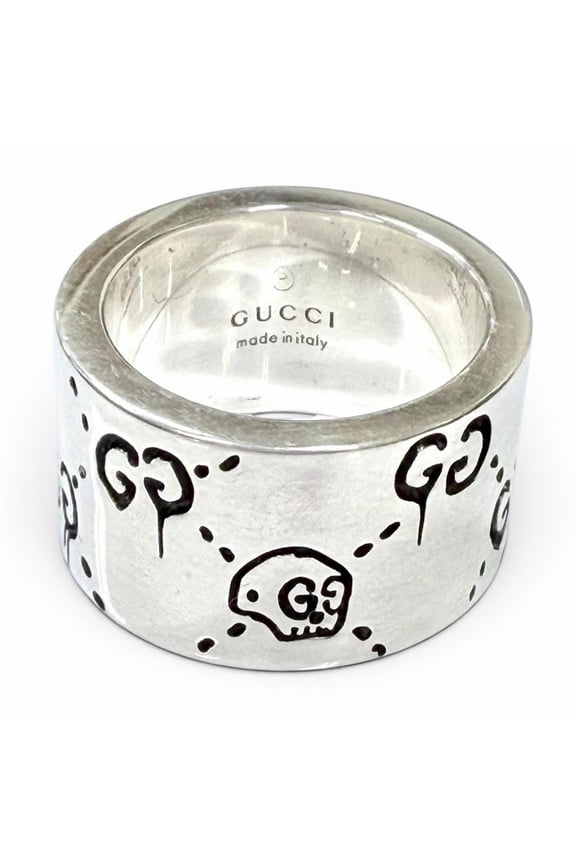 Pre-Owned GUCCI 455318 925 GHOST Wide Ring, Silver, Size 8, Made in Italy, Weight 12.3g, Women's