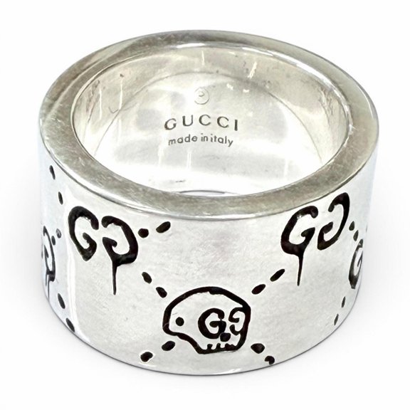Pre-Owned GUCCI 455318 925 GHOST Wide Ring, Silver, Size 8, Made in Italy, Weight 12.3g, Women's