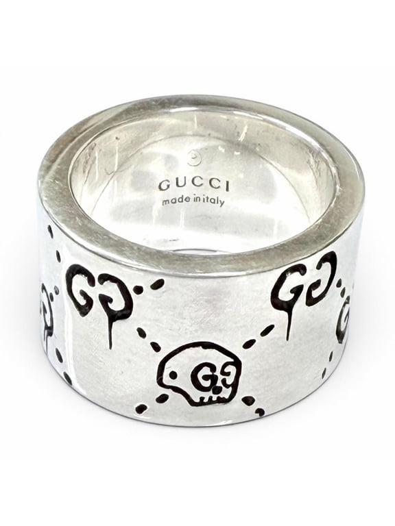 Pre-Owned GUCCI 455318 925 GHOST Wide Ring, Silver, Size 8, Made in Italy, Weight 12.3g, Women's