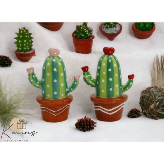 Ceramic Cactus Salt and Pepper Shakers Hand Painted 3.875in Gift