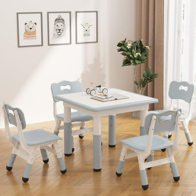 Kids Table and 4 Chairs Set with Graffiti Desktop, Height Adjustable Toddler Table and Chairs Set for Reading, Drawing, Playing, Eating