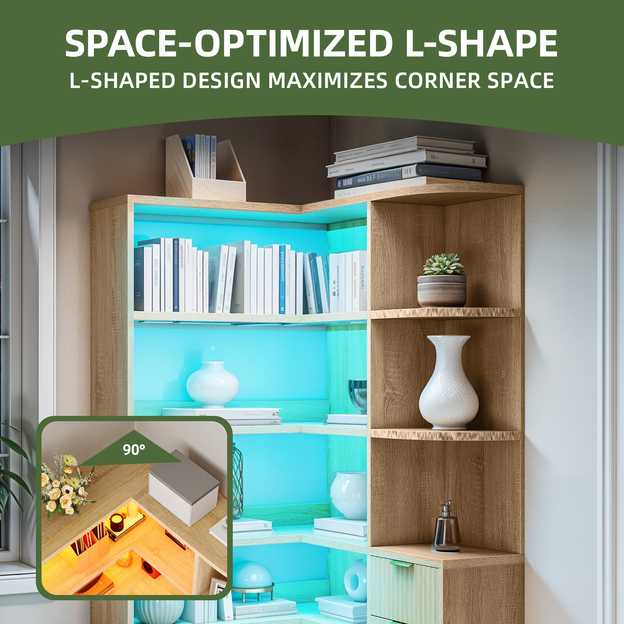 Uforic 6-Tier Corner Bookshelf with 2 Drawers, Modern Tall L Shape Bookcase with LED Light & Storage, Oak