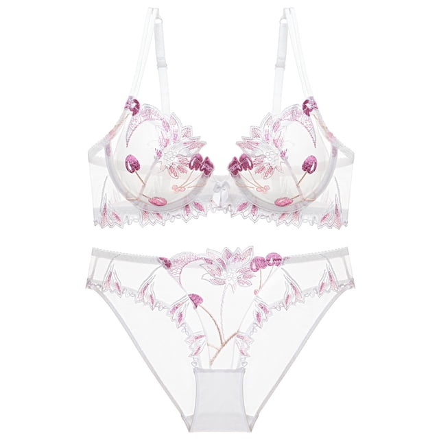 Conjunto de sujetador transparente con bordado de lencería súper sexy de Europa y Estados Unidos para mujer, pechos grandes, talla pequeña