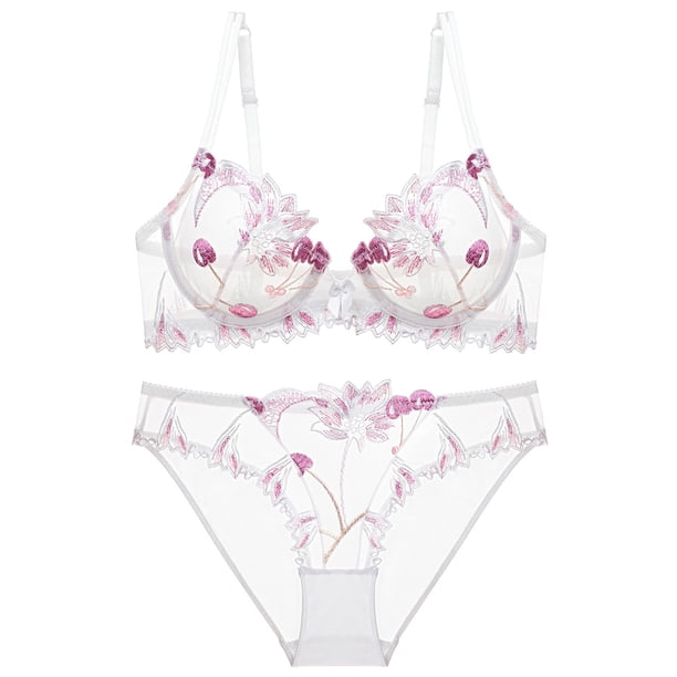 Conjunto de sujetador transparente con bordado de lencería súper sexy de Europa y Estados Unidos para mujer, pechos grandes, talla pequeña