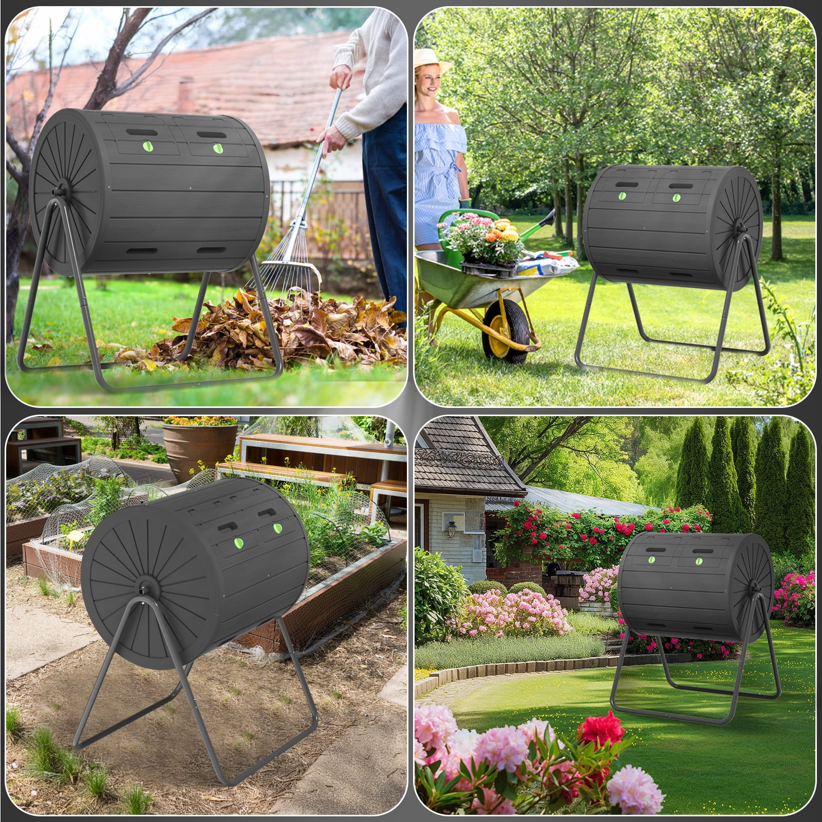 EasyUp Dual Chamber Tumbling Composter 43 Gallon Large Outdoor Tumbling Composter Efficient Batch Composting Easy Turn Design（Black)