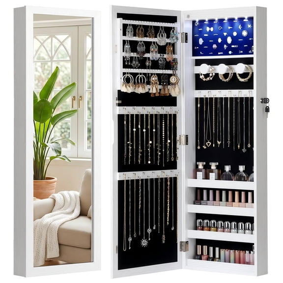 Skyhill Mirror Jewelry Cabinet,40in Jewelry Armoire Organizer,Door or Wall Mounted,6 LED Lights(White)