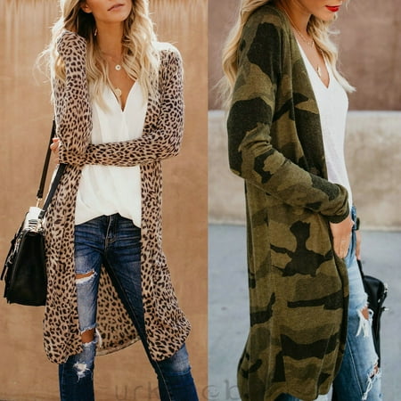 Fashion Womens Leopard Kimono Cardigan Open Front Boho Camo Long Sleeve Long Maxi (Best Travel Jacket Ever)