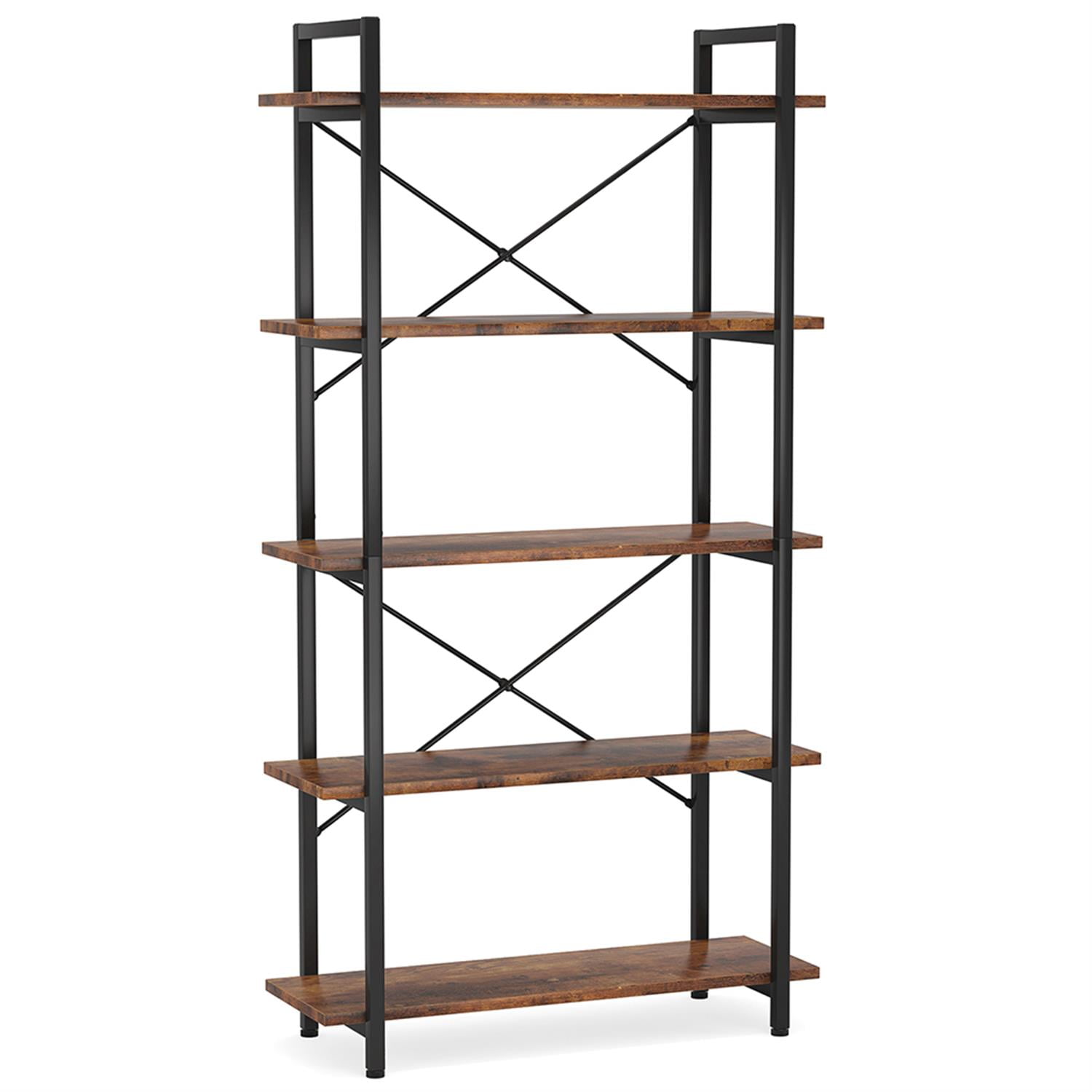 Demi Bonn 5 Tier Bookshelf, Wood and Metal Bookcase Storage Organizer,dustrial Display Standing Shelf Unit for Bedroom, Living Room, Brown