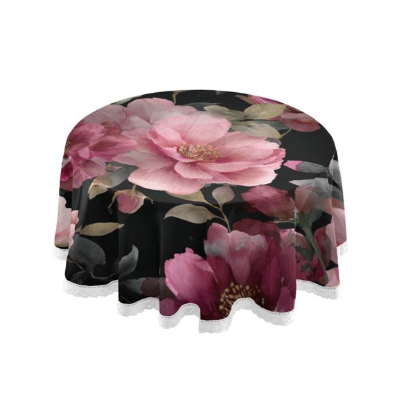 Round Single Sided Printed Tablecloth, 60 Inch Polyester Round Table Cover with White Lace Trim, Wrinkle Resistant Decorative Table Cloth for Home Lovely Pink Rose