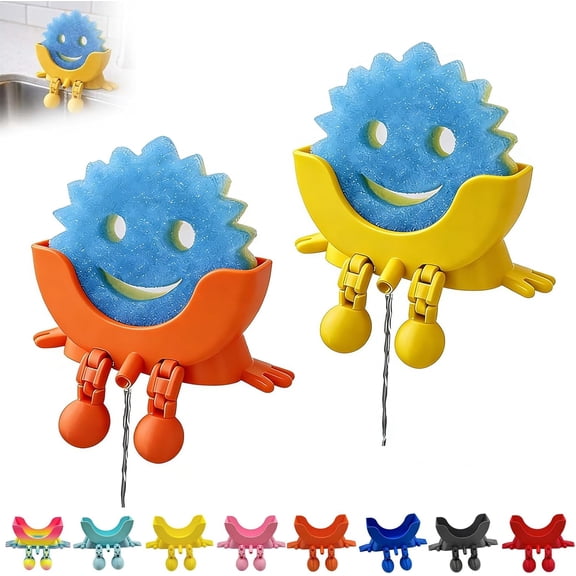 2 PCS Cute Hanging Sponge Holder with Drainage, 2026 New Sponge Holder with Drainage Featuring Legs and Open Draining Design, 3D Printing Countertop Sponge Holders for Kitchen Sink (Orange&Yellow)