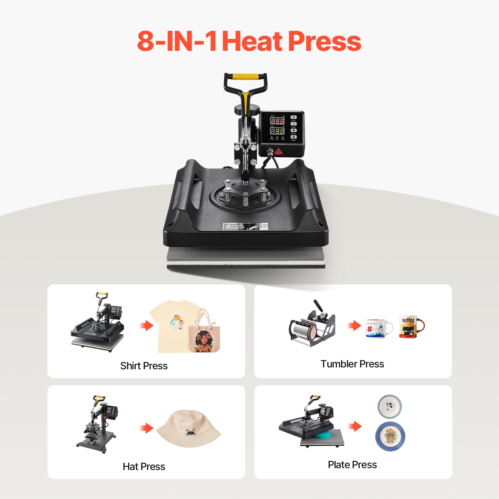 KFFKFF 8-in-1 Heat Press Machine with 15x15 Inch Plate, Swing-Away Design, Digital Control for T-Shirt, Hat, Mug, Plate Printing, Multifunctional Sublimation Transfer Tool, Black