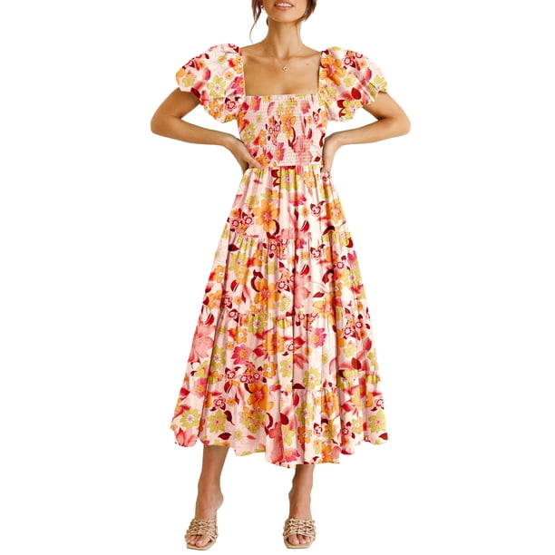 Vestido PRETTYGARDEN Floral Naranja con Fruncido y Volantes Midi Talle S