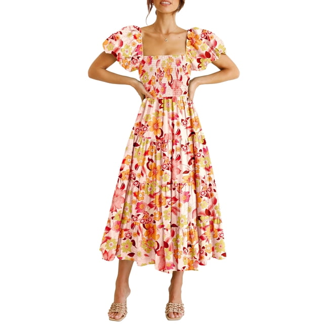 Vestido PRETTYGARDEN Floral Naranja con Fruncido y Volantes Midi Talle S