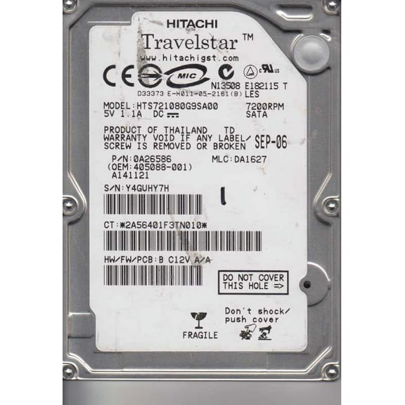 HTS721080G9SA00, PN 0A26586, MLC DA1627, Hitachi 80GB SATA 2.5 Hard Drive