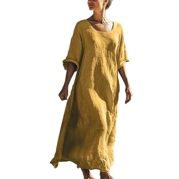 Tnhcen Women's Cotton Linen Maxi Dress, Loose Round Neck Casual Summer Dress, Plus Size Daily Wear 60% Cotton 40% Linen Pre - shrunk Dress for Women S - 2XL