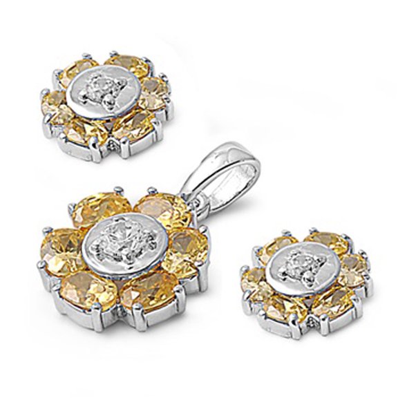 Round Earrings Yellow CZ Clear CZ .925 Sterling Silver Pendant Set Jewelry Female
