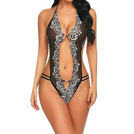 

adviicd Wedding Lingerie For Bride Lingerie for Women Lace Teddy Bodysuit Deep V Cut Out Matching Panty Underwear Black L