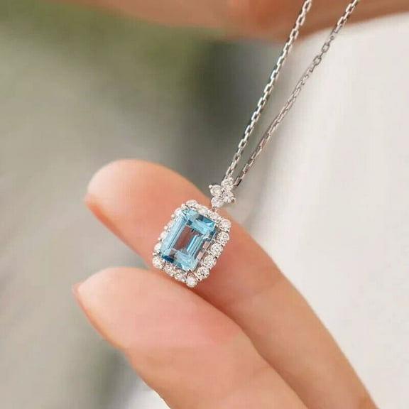 3Ct Emerald Cut Aquamarine & Diamond Women's Pendant 14K White Gold Plated 18" Free Chain