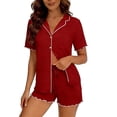thumbnail image 4 of DYTTDG Solid Color Pajama Set for Women Short Sleeve Flouncing Cuff Shirt with Short Pajama Pant Set Soft Button Down & Drawstring, 4 of 6