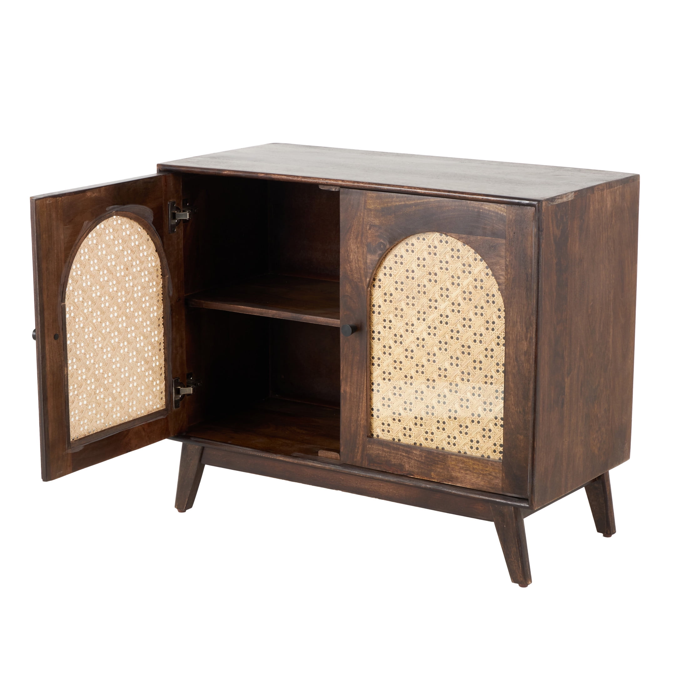 DecMode 35" x 30" Brown Mango Wood Handmade 2 Door Cabinet with Rattan Front and Black Knobs, 1-Piece