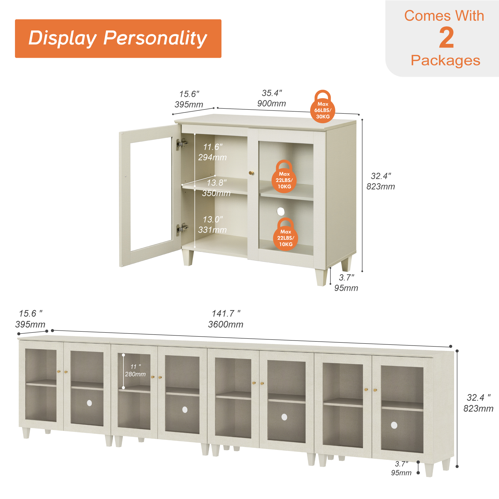 Set of 4 Buffet Cabinet Sideboard With Glass Doors, Adjustable Shelves and Cable Management For Kitchen Dining Room, 142" W, Beige Wood