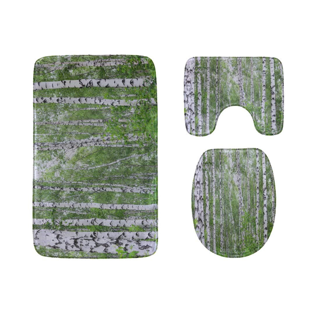 PUDMAD Green Birch Forest in Spring 3 Piece Bathroom Rugs Set Bath Rug