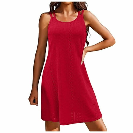 Riforla Womens Swimsuit Cover up Spaghetti Strap Eyelet Embroidery Scoop Neck Sleeveless Casual Summer Dress Bikini Coverup Dress Casual Summer Red M