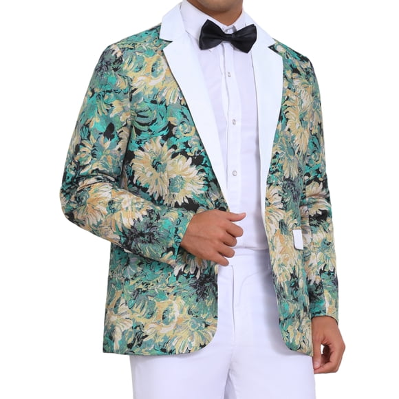CHAQUETA DE TRAJE CON SOLAPA DE UN BOTÓN PARA HOMBRE INSPIRAR CHIC, IMPRESIÓN DE FLORES, VERDE Y BLANCO