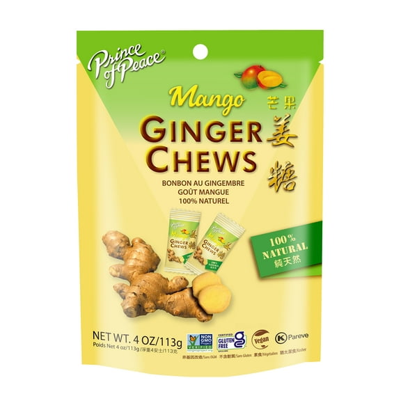 Prince of Peace Ginger Chews, Mango Flavor, 4 oz Bag, Nausea Relief, Kosher, Non-GMO, All Natural