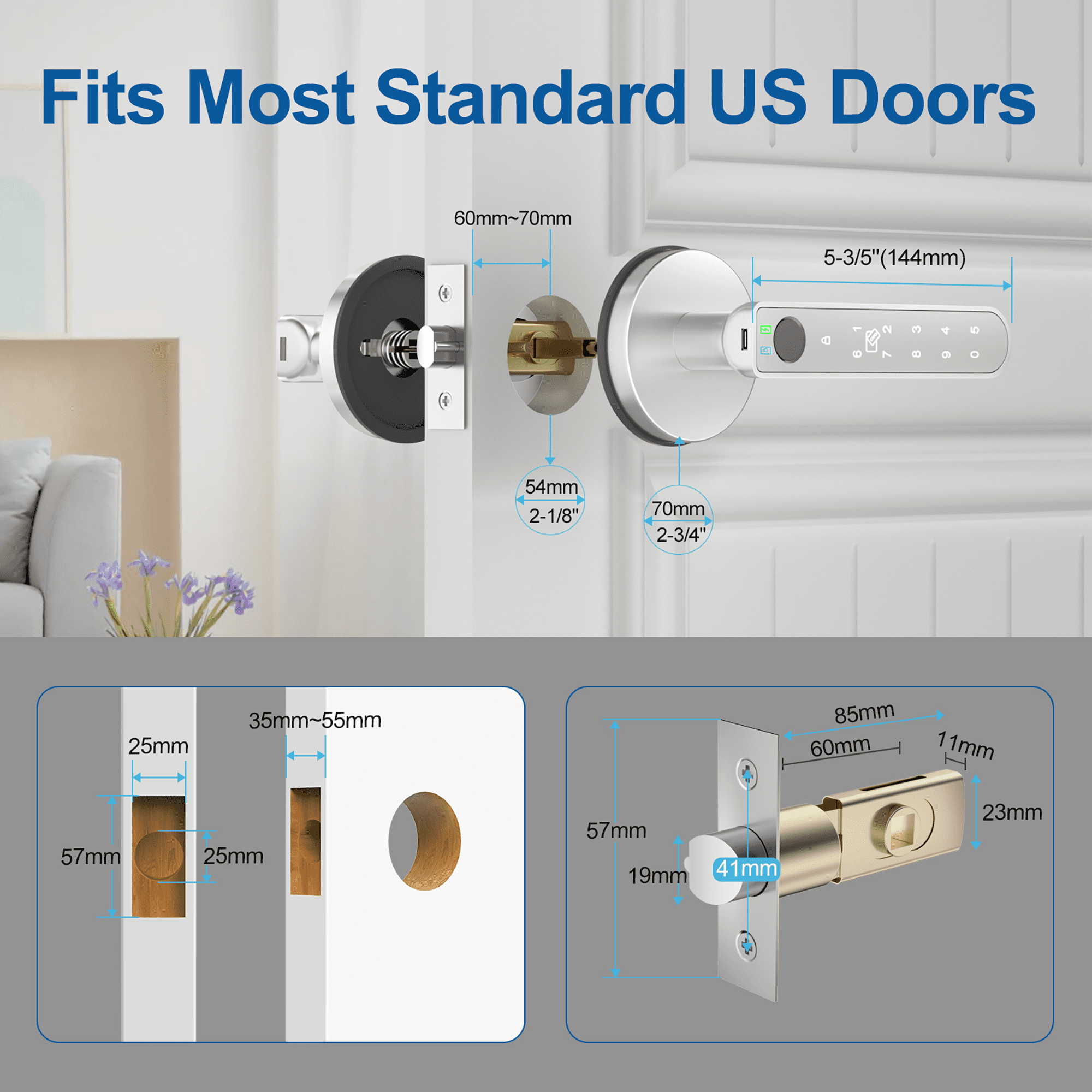 Foxgard Fingerprint Door Lock, Smart Door Knob with APP Control, 100 Fingerprints Biometric Door Lock with Tuya App, Silver