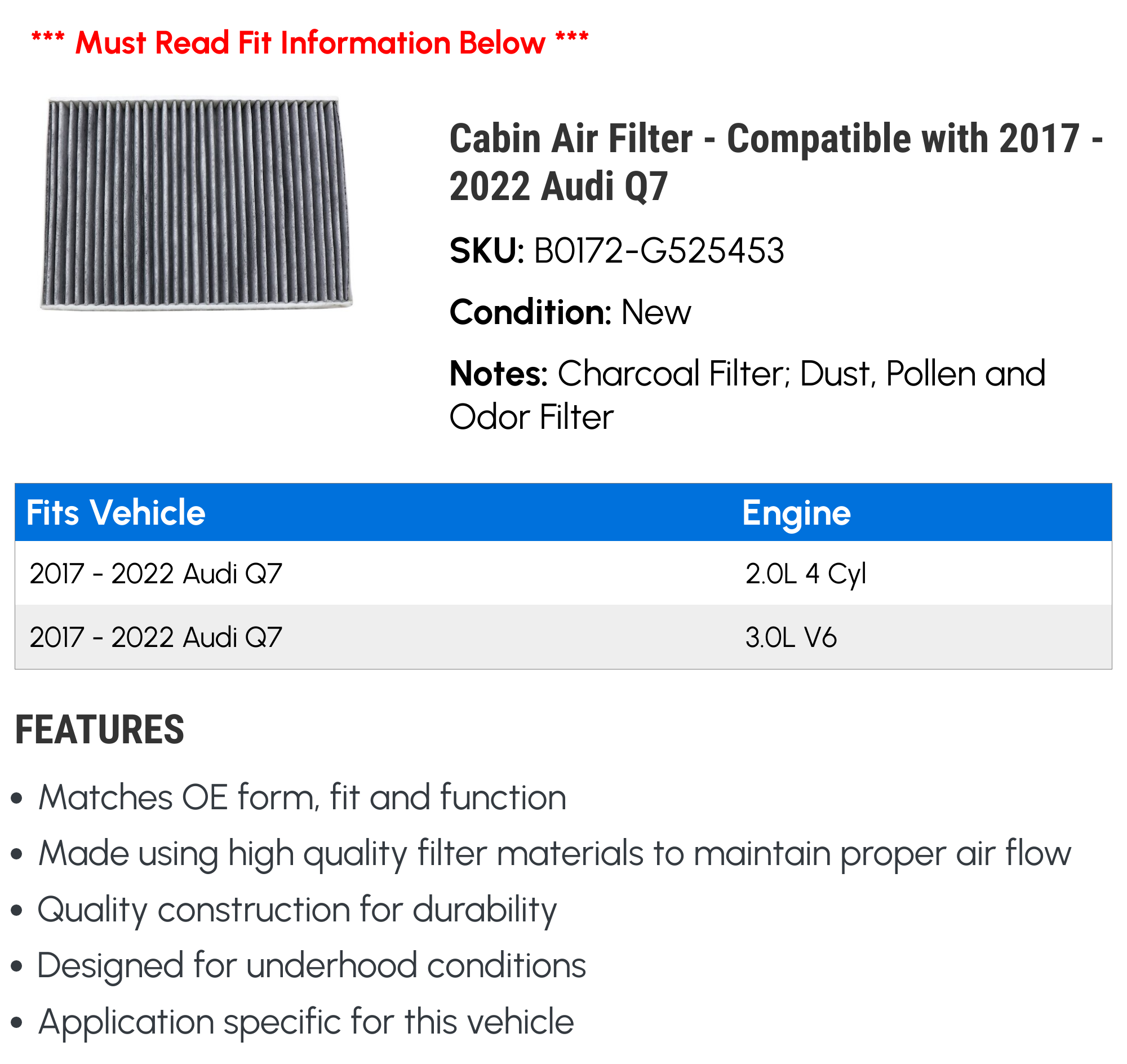 Engine & Activated Carbon Cabin Air Filter Set For Audi Q7 2017-2022 (2.0L/3.0L)