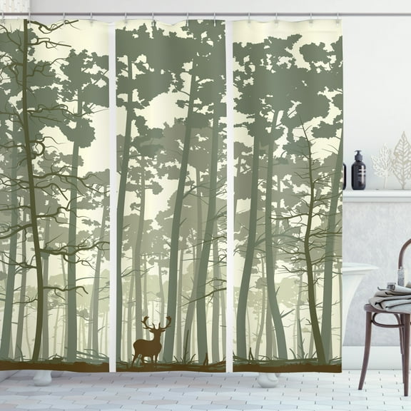Ambesonne Forest Shower Curtain, Pine Trees Deer Motif, 69"Wx70"L, Sage Green Cream Brown