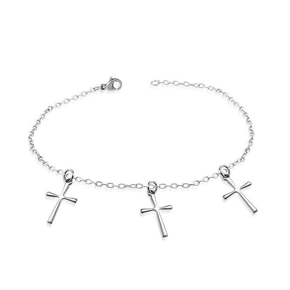 Womens Stainless Steel Religious Cross Link Chain Anklet, 10"