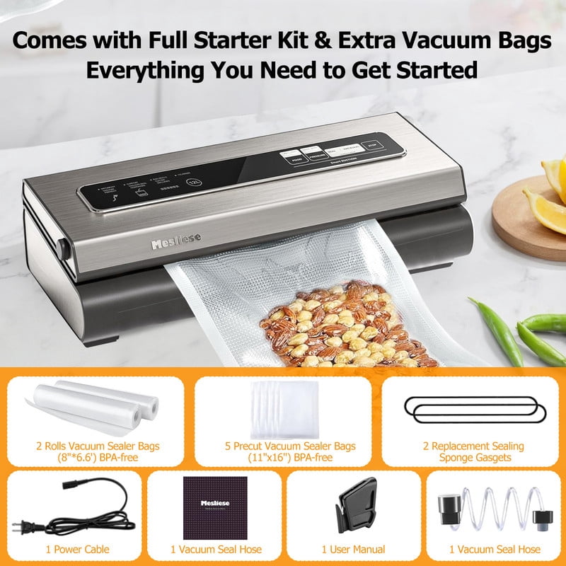 TINKLE WELL 6-in-1 Compact Vacuum Sealer Machine, Food Preservation System with Dry & Moist Modes, Includes 2 Bag Rolls + 5 Pre-Cut Bags, Cutter & ETL Listed, Sliver