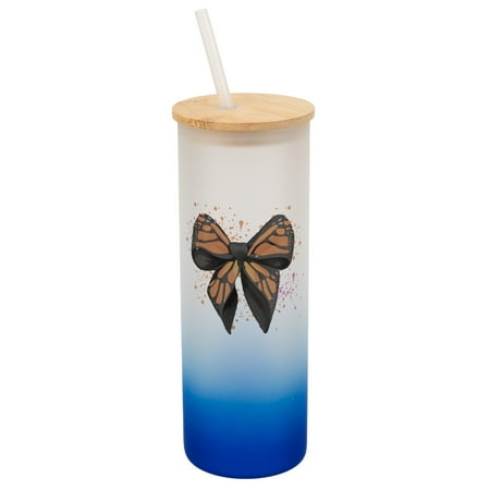

Elanze Designs 25 Ounce Frosted Glass Gradient Travel Tumbler With Straw and Wooden Lid Orange Monarch Bow Navy Blue